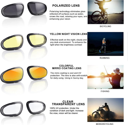 Polarized Motorcycle Riding Goggles, Windproof Cycling Glasses UV400 Outdoor Sports Sunglasses Interchangeable Lenes for Running, Baseball Golf, Driving, Fishing, Riding, Mountain Bike, Hiking