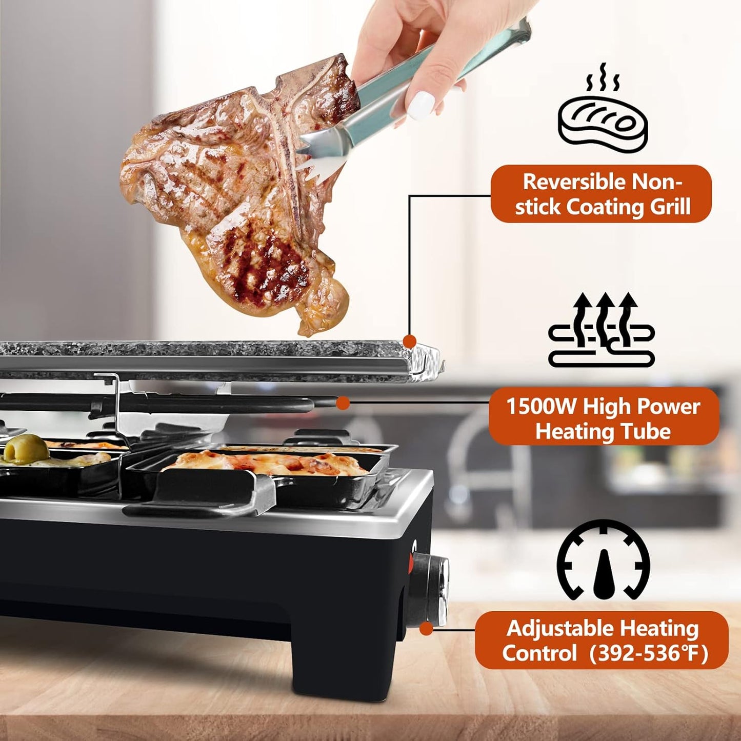 Raclette Table Grill, CUSIMAX Electric Indoor Grill, Portable Korean BBQ Grill with 2 in 1 Reversible Non-stick Plate& Natural Grill Stone, 1500W Electric Party Grill, 8 Raclette Pans& Wooden Spatulas