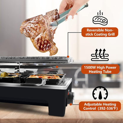 Raclette Table Grill, CUSIMAX Electric Indoor Grill, Portable Korean BBQ Grill with 2 in 1 Reversible Non-stick Plate& Natural Grill Stone, 1500W Electric Party Grill, 8 Raclette Pans& Wooden Spatulas