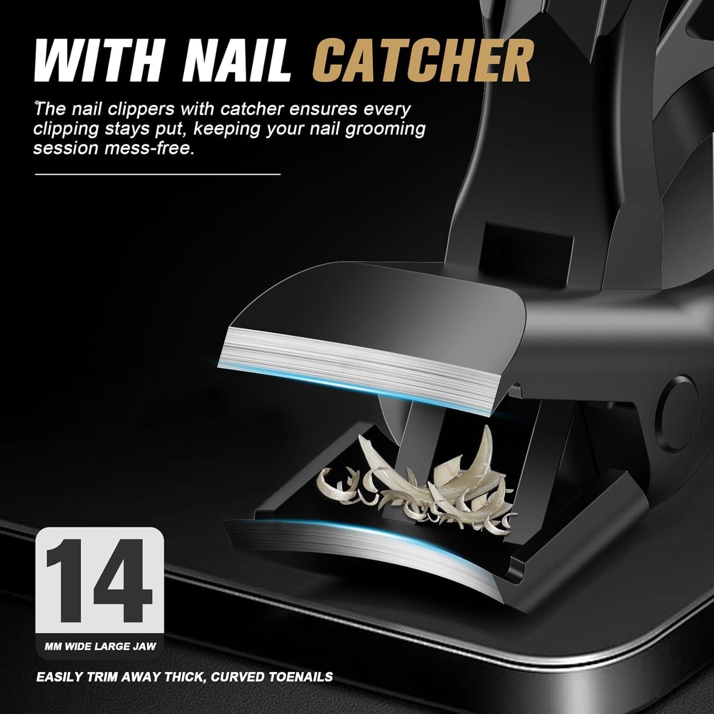 FERYES Angled Head Long Handled Toenail Clipper for Seniors - Large Wide Jaw Nail Clipper with Catcher for Thick Nails - Easier Trimming, Ergonomic Design (Black)