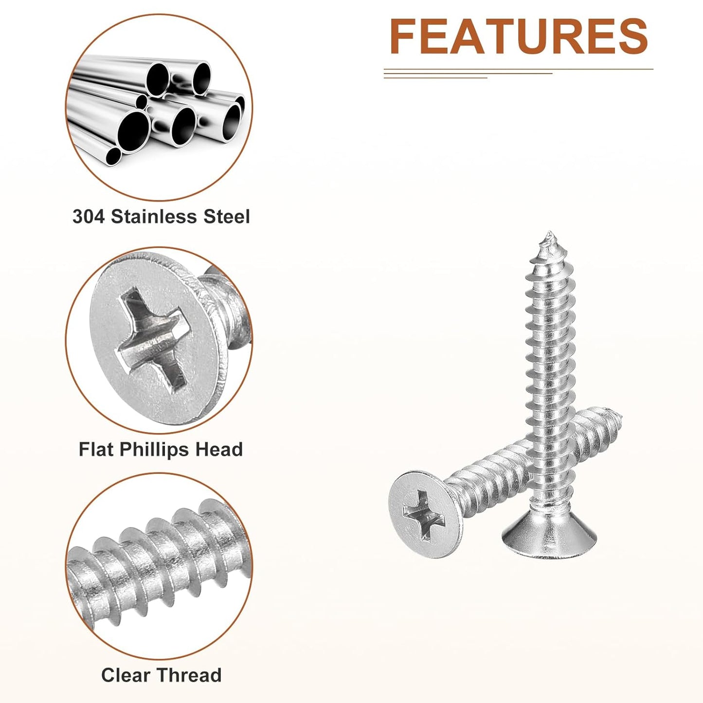 DTGN 100Pcs #8x1 Flat Head Wood Screws, 304 Stainless Steel Phillips Self Tapping Screws - Good for Woodworking, Furniture - Silver