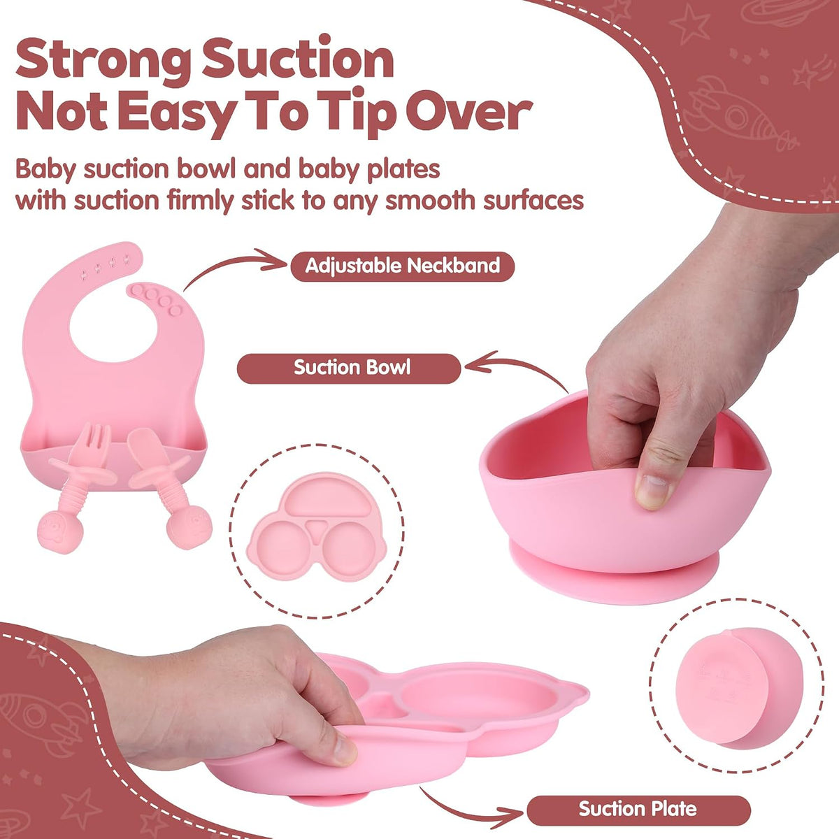 Silicone Baby Feeding Set,Miicasa Baby Led Weaning Supplies Kit With Suction Bowl & Car Plate, Bib, Spoon, Fork, Cup - Food-Grade Silicone, Dishwasher-Safe, No BPAs - For 3+ Months