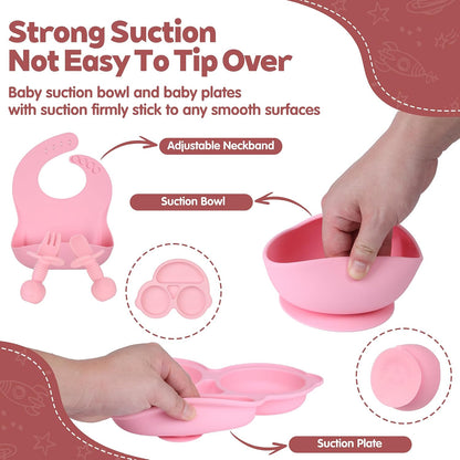 Silicone Baby Feeding Set,Miicasa Baby Led Weaning Supplies Kit With Suction Bowl & Car Plate, Bib, Spoon, Fork, Cup - Food-Grade Silicone, Dishwasher-Safe, No BPAs - For 3+ Months