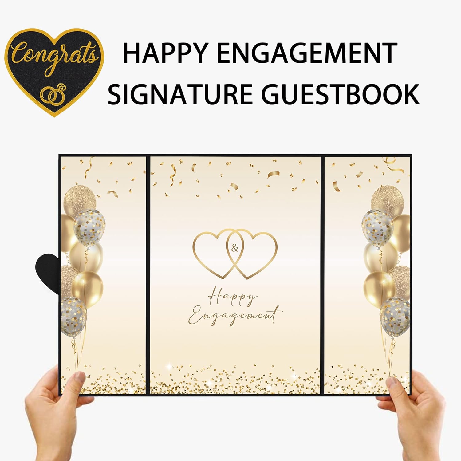 DARUNAXY Black Gold Engagement Party Decorations, Happy Engagement Alternative Signature Guest Book Just Engaged Gifts Almost Married Congratulations Engagement Signing Card Board Party Supplies - PuriLite
