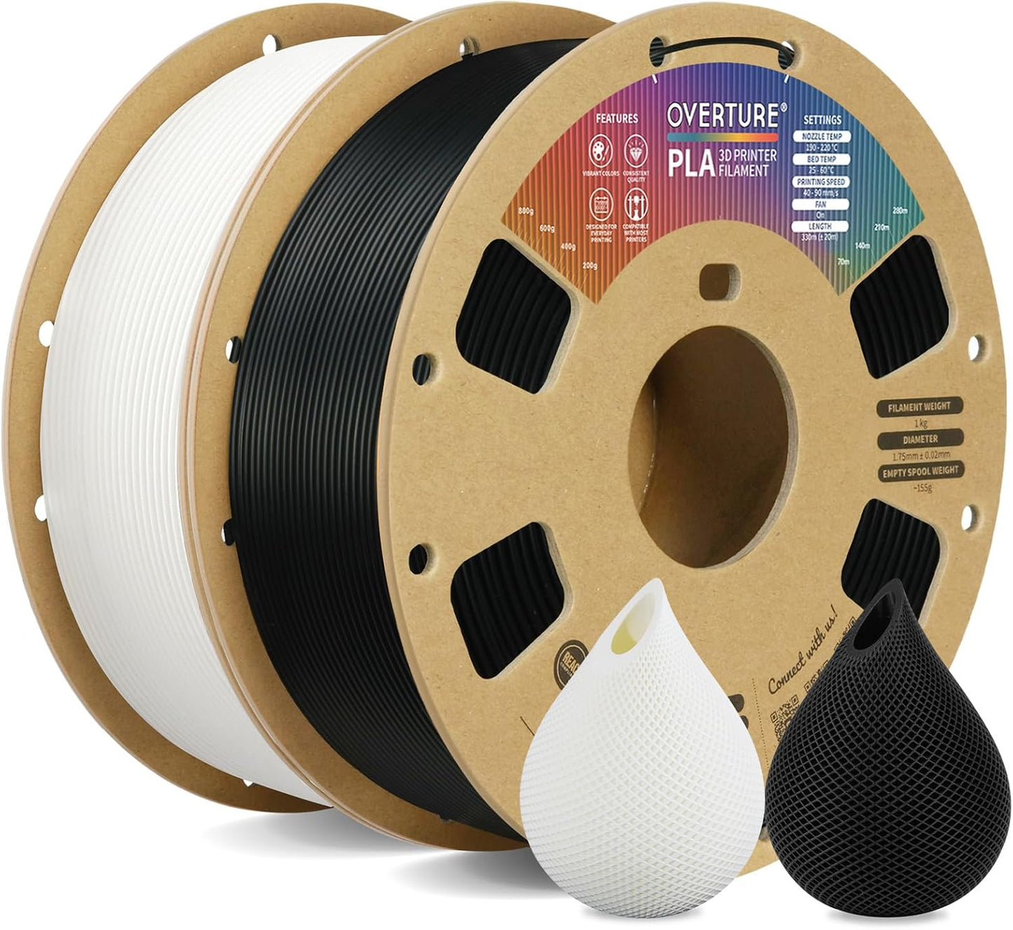 OVERTURE PLA Filament 1.75mm PLA 3D Printer Filament, 1kg Cardboard Spool (2.2lbs), Dimensional Accuracy +/- 0.02mm, Fit Most FDM Printer (Black 1-Pack)