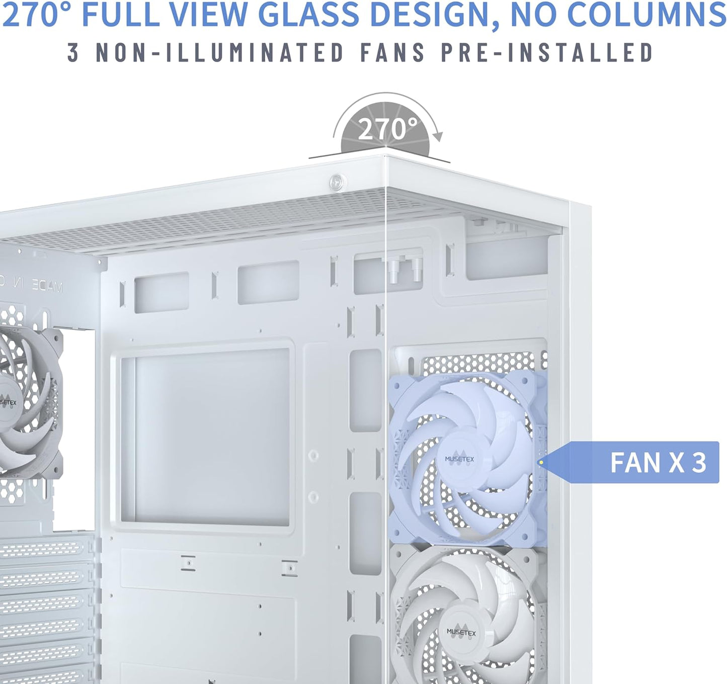 MUSETEX PC CASE ATX 3 Non-LED Fans Pre-Installed, Type-C Mid Tower Computer Case with Full View Dual Tempered Glass, Gaming PC Case,White(K2)