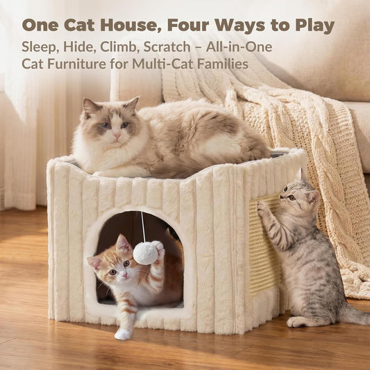 Avont Cat Cube Bed for Indoor Cats, 2-in-1 Enclosed Cat House with Scratching Pad, Foldable Cave Hideaway Bed for Kittens -Cream