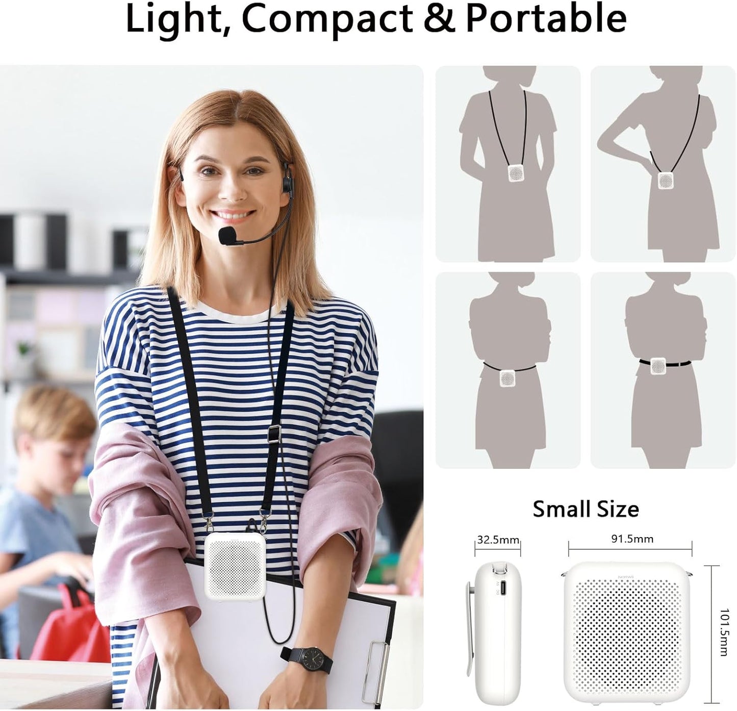 NORWII Mini Voice Amplifier S358 Portable 4000mAh Rechargeable with Wired Microphone Headset & Waistband, Personal Microphone and Speaker for Teachers Tour Guides ect. (Black)