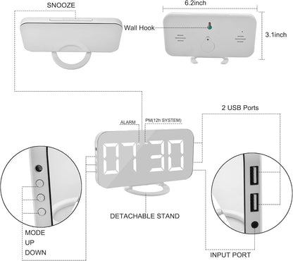 SZELAM Digital Alarm Clock,LED and Mirror Desk Clock Large Display,with Dual USB Charger Ports,3 Levels Brightness,12/24H,Modern Electronic Clock for Bedroom Home Living Room Office - Gold