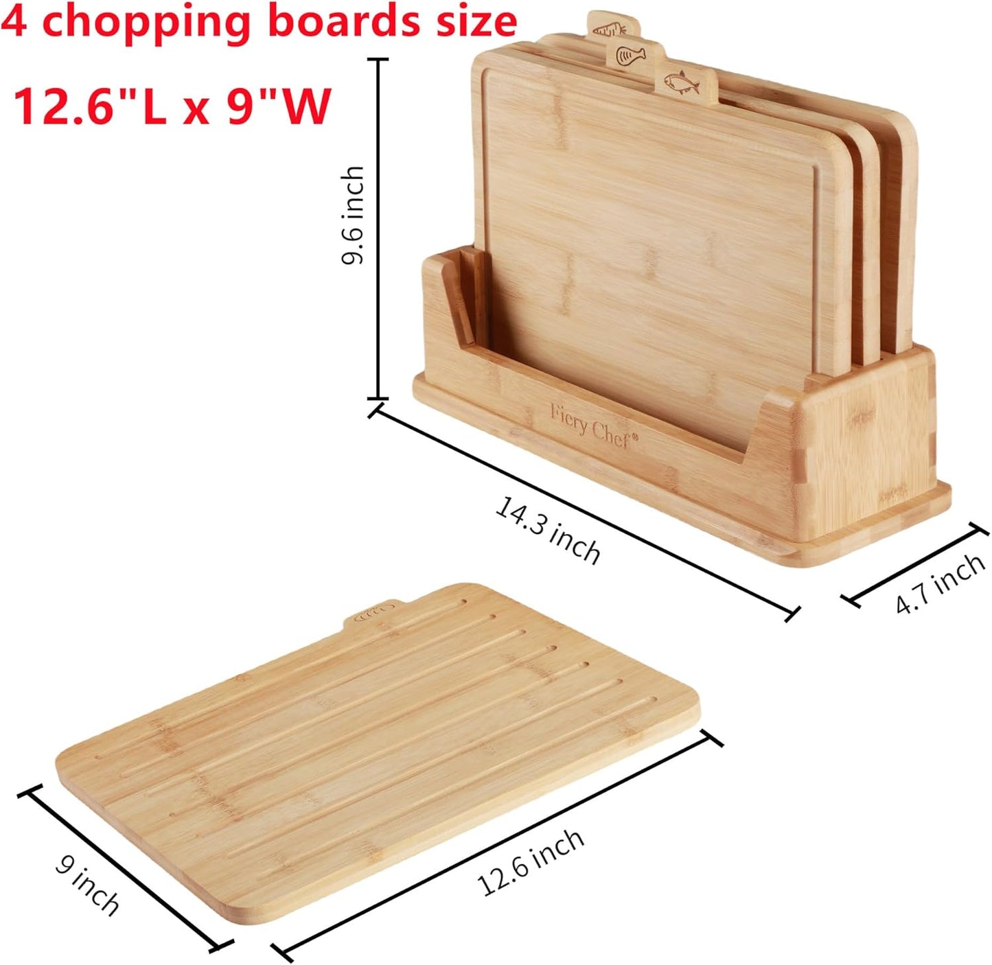 Fiery Chef Bamboo Cutting Board Set of 4 with Holder – Double-Sided Wood Chopping Boards with Food Icons & Juice Groove – For Meat, Fish, Bread, Vegetables & Fruit (12.6" x 9") - PuriLite