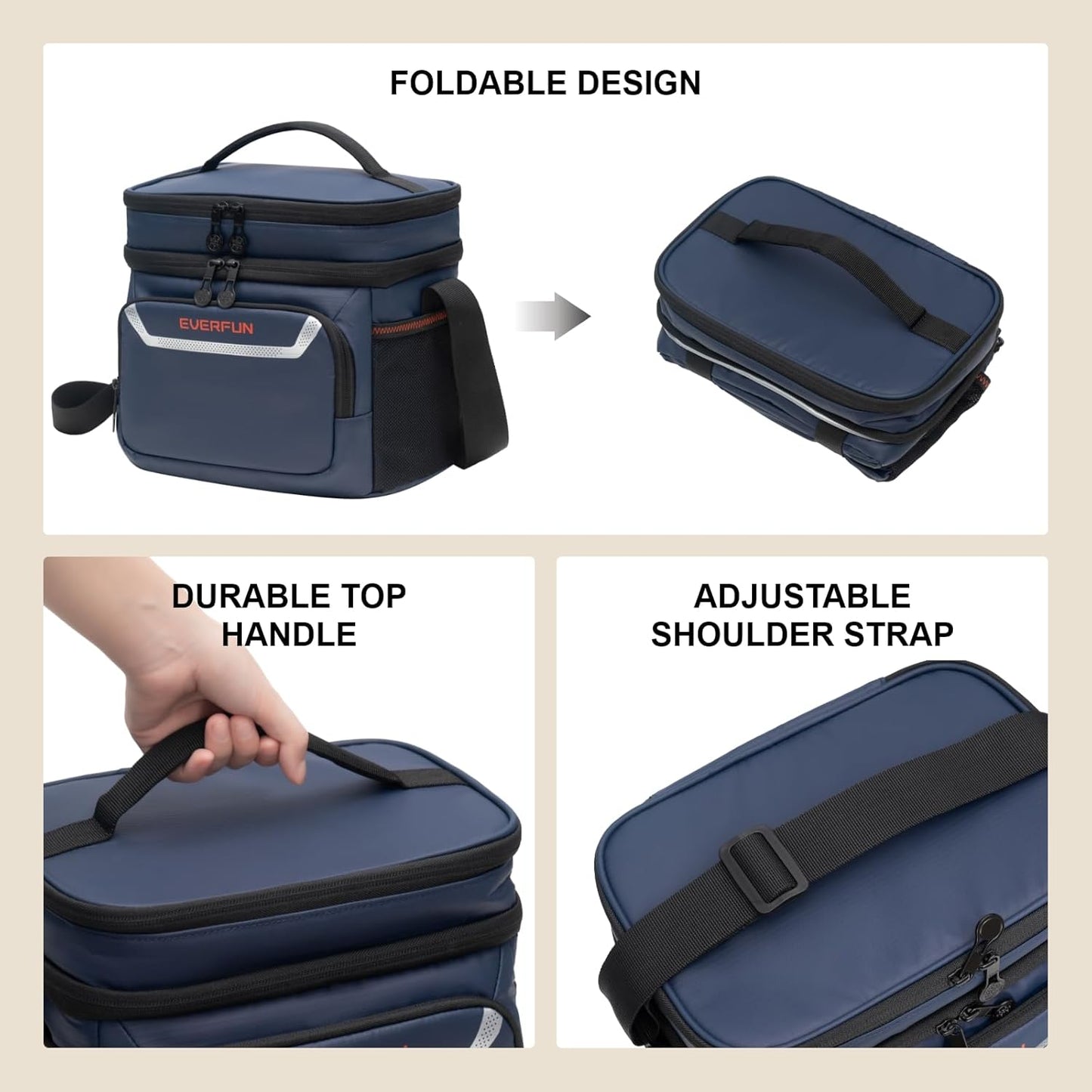 EVERFUN Cooler Bag Insulated Beach Cooler Lunch Bag Box for Men Women Dual Compartments Collapsible Waterproof Leak-Proof for Travel Work Picnic