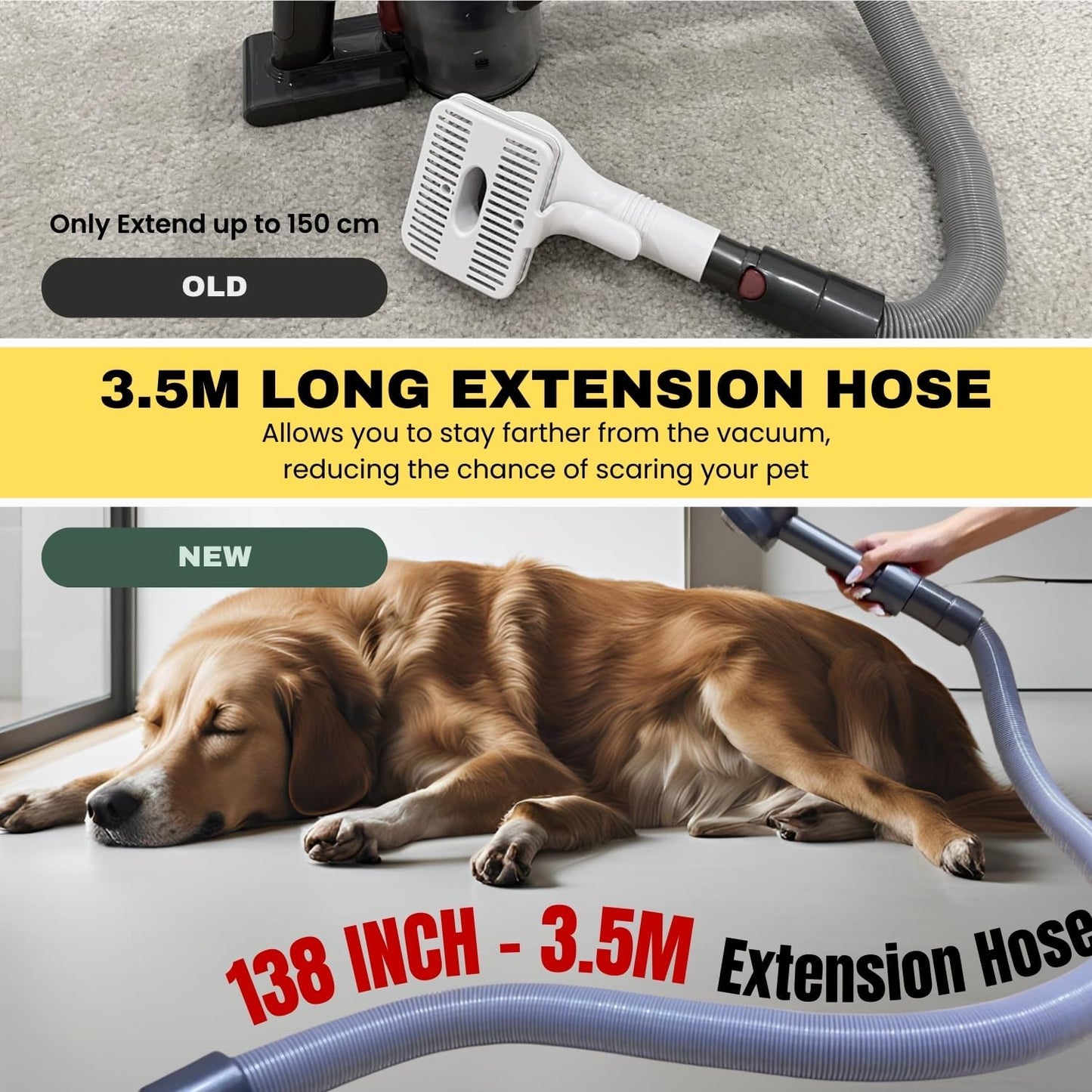 Pet Hair Grooming Brush Vacuum Attachment for Dogs, Cats with Vacuum Extension Hose up to 3.5M – Compatible with Miele, Shark Rocket HV322, HV301, HV371, Rotator NV501, Navigator NV350 Series & More