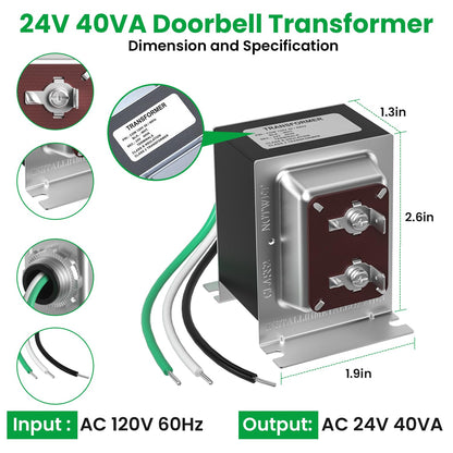 24V 40VA Thermostat and Doorbell Transformer Power Supply Compatible with Nest,Ecobee, Nest Hello,Sensi and Honeywell Thermostat and All Versions of Ring Doorbell