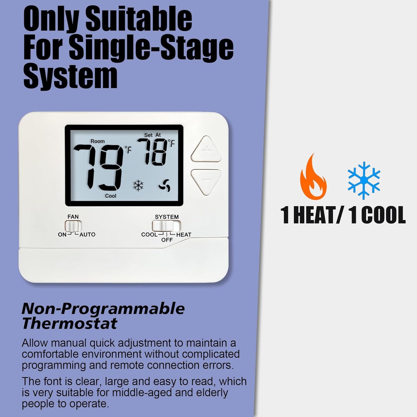 Heagstat Non-Programmable Thermostats for Home Single-Stage 1 Heat/ 1 Cool (with Green Backlight)