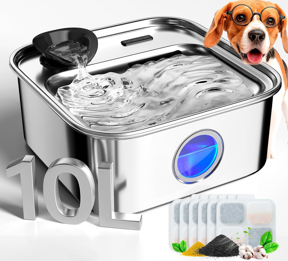 oneisall 10L Dog Water Fountain for Large Dogs (with 6 Filters) Deeper & Wider Drinking Area, Visualization Window & Triple Filtration,304 Stainless Steel Dog Water Bowl Dispenser