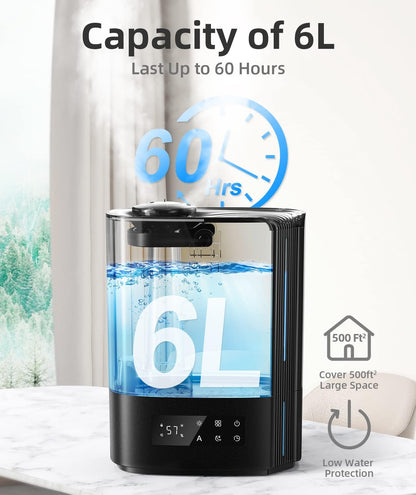 6L Ultrasonic Cool Mist Humidifier with Humidistat Control, Top Fill Design, Quiet Bedroom Operation, Essential Oil Diffuser, Auto Shut-Off, 60-Hour Runtime (Black) - PuriLite