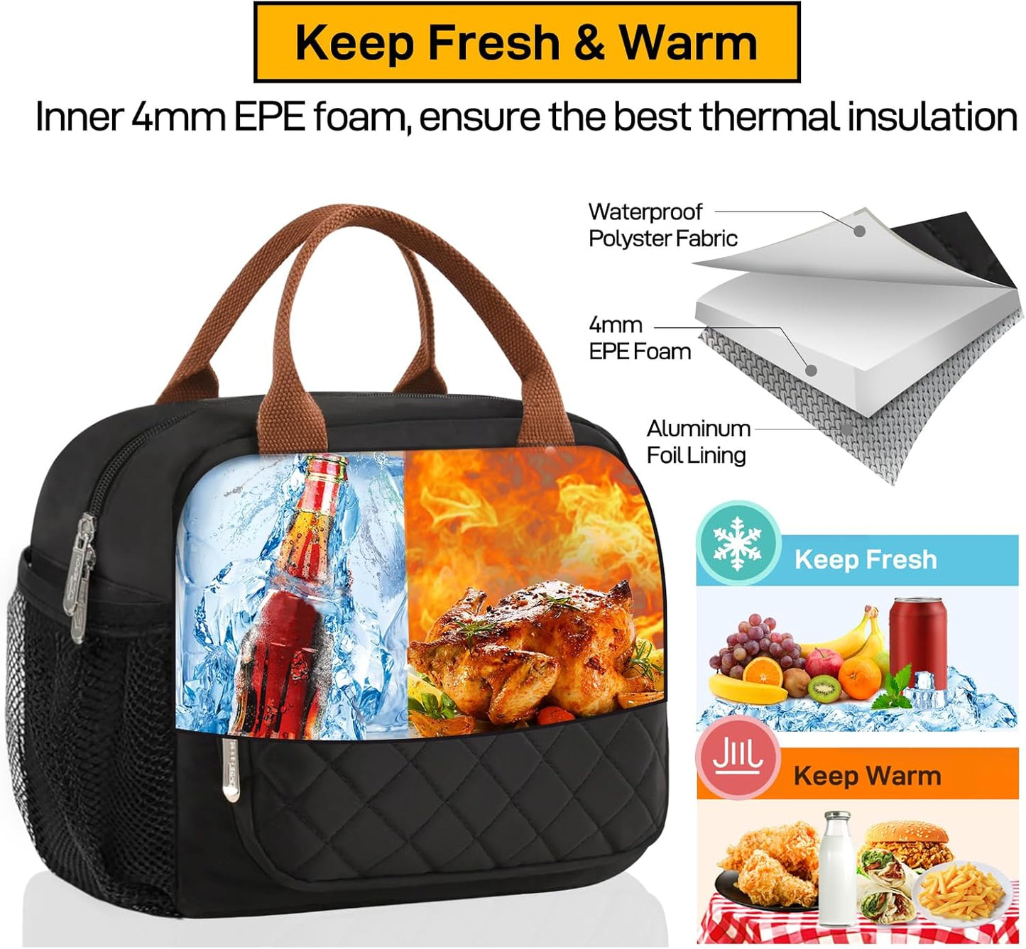 HOMESPON Lunch Bag for Woman Man Adults with Front Pocket Insulated Lunch Tote Lunch Box Container for Work Picnic or Travel(Black)