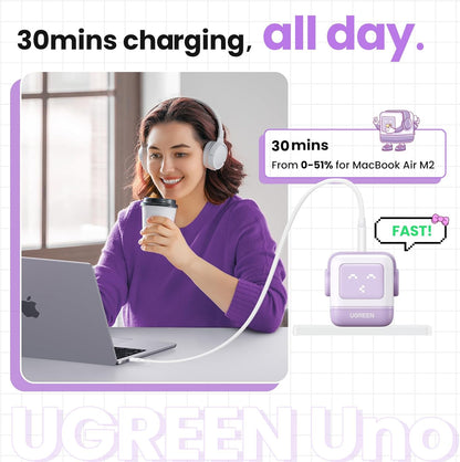 UGREEN Uno 65W USB C Charger, Nexode Robot GaN Fast Charger Block 3-Port, Compact Wall Charger Power Adapter for MacBook Pro/Air, iPhone 15 14 Pro, Galaxy S23 Ultra, Pixel 8, iPad, Steam Deck, Purple