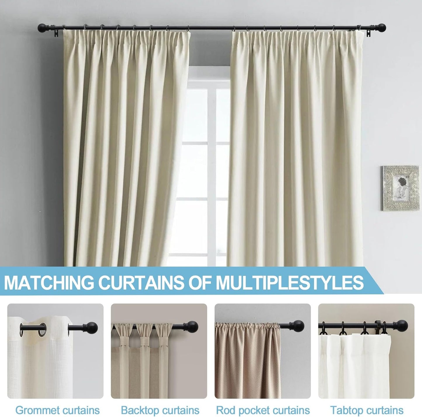 Black Curtain Rods for Windows 28 to 48 Inch, 5/8 Inch Small Curtain Rod For Bathroom, Living room, Kitchen (size：28-52 Inch)