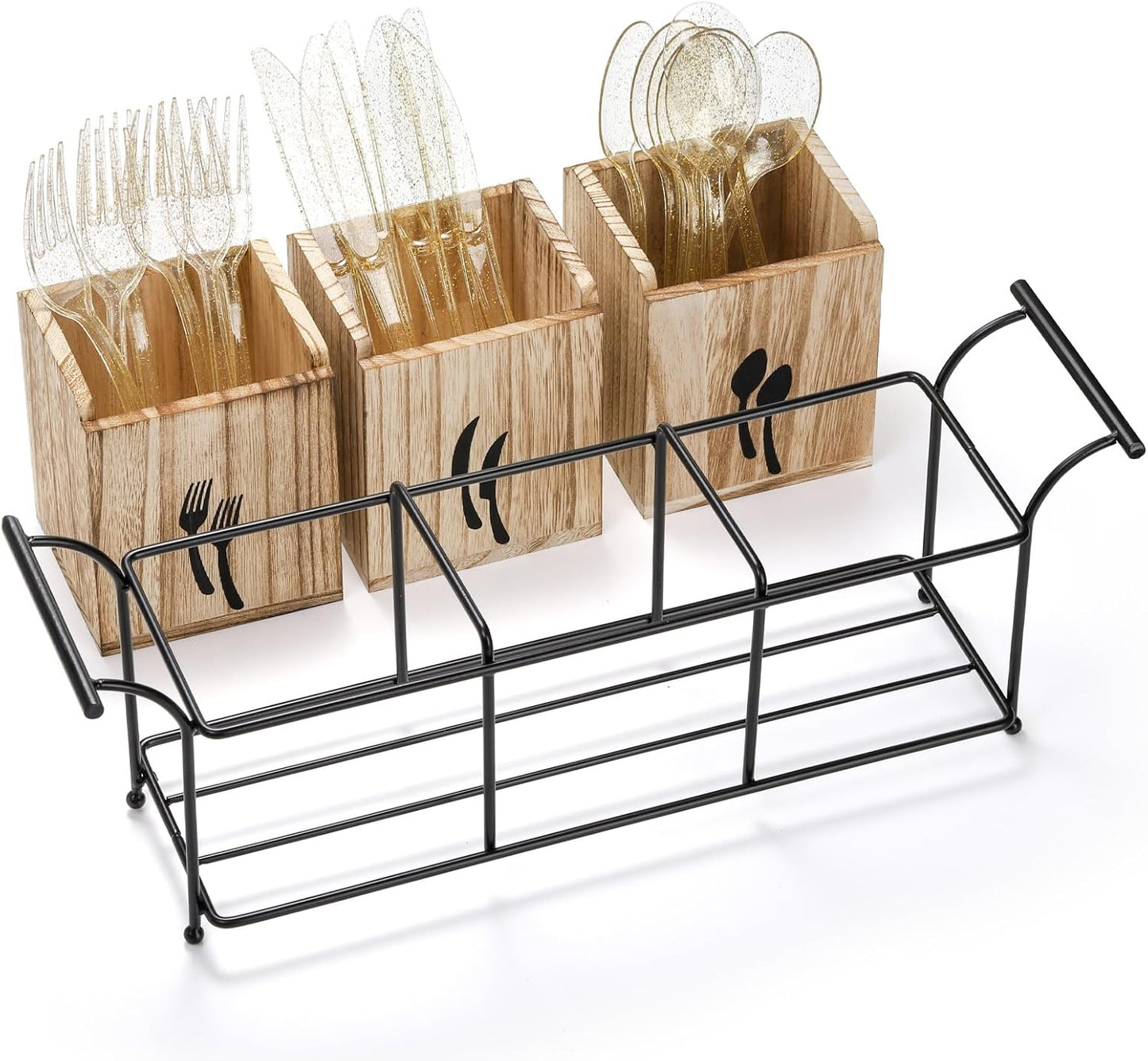 Tebery Wooden Utensil Holder with Handle, 3-Compartment Countertop Flatware and Cutlery Organizer, Metal Tray for Forks, Spoons, Knives, and Kitchen Gadgets, Black - PuriLite