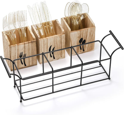 Tebery Wooden Utensil Holder with Handle, 3-Compartment Countertop Flatware and Cutlery Organizer, Metal Tray for Forks, Spoons, Knives, and Kitchen Gadgets, Black - PuriLite