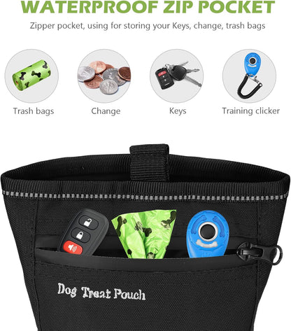 KeeKit Dog Treat Pouch, Magnetic Closure Pet Training Bag with Pull-up Inner Pocket, Dog Reward Pocket Including Waist Belt for Dog Walkers - Black