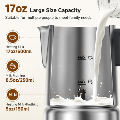 AMZCHEF 8-in-1 Milk Frother Electirc, 17oz (500ml) Stainless Steel Coffee Frother & Steamer, Mousseur A Lait for Latte, Cappuccino, Hot Chocolate, Hot Chocolate, Dishwasher Safe