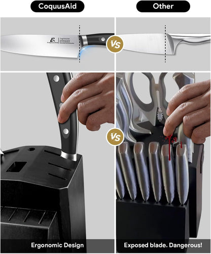 Knife Set with Block, Kitchen Chef Knives Set with Sharpener, Stainless Steel Knife Block Set, 6 Pcs Steak Knife Set Serrated, German Dishwasher Safe, Beveled Design Brown 15 Pieces