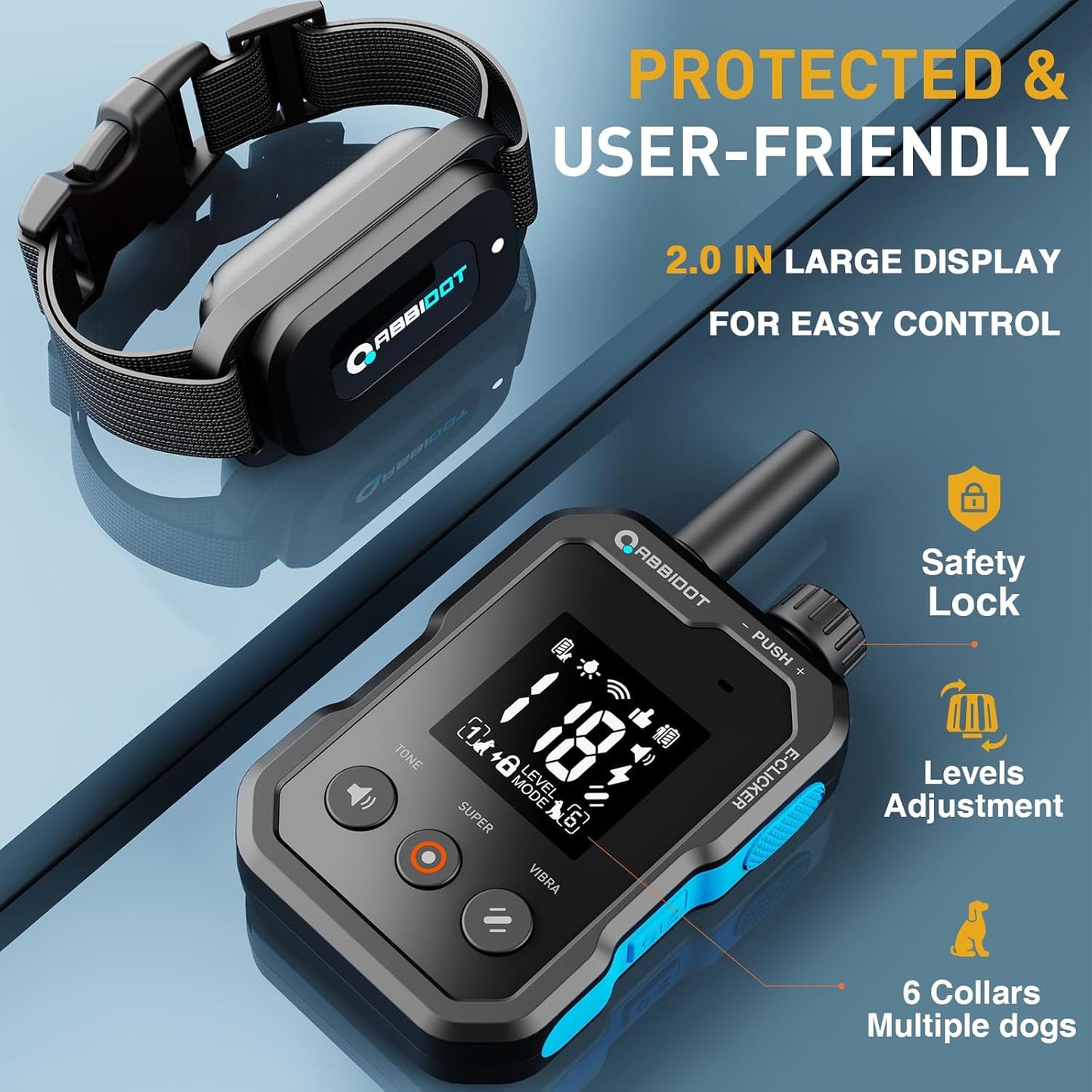 ABBIDOT Shock Collar - 4500ft Range Dog Training Collar, Super Mode, E-Clicker, Night Light, Safety Lock, Waterproof Rechargeable E Collar for Small Medium Large Dogs (Black, 1 Collar)