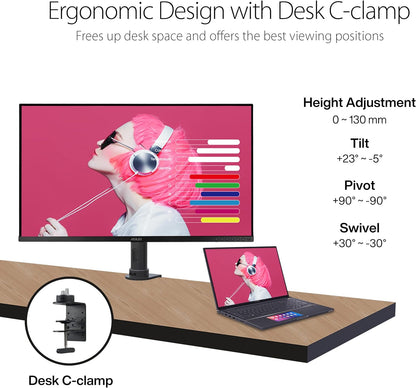 ASUS ProArt Display 27" Monitor PA278CV - WQHD (2560 x 1440), IPS, 100% sRGB, 100% Rec. 709, ΔE < 2, Calman Verified, USB Hub, USB-C, DisplayPort Daisy-Chaining, HDMI, Eye Care, Height Adjustable , BLACK/SLIVER