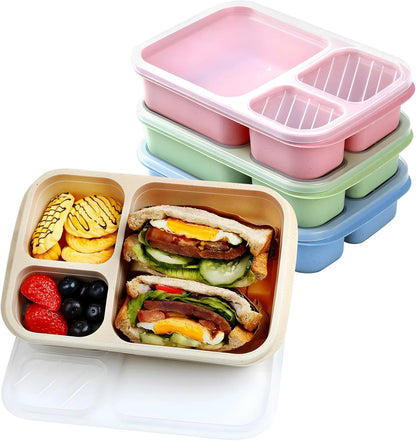 4 Pack Bento Box Lunch Boxes, BPA-Free Reusable Snack Box Containers for Kids Adults, 3 Compartment Meal Prep Containers with Lids, Stackable for School, Work, and Travel (Multicolor-3Compartments)