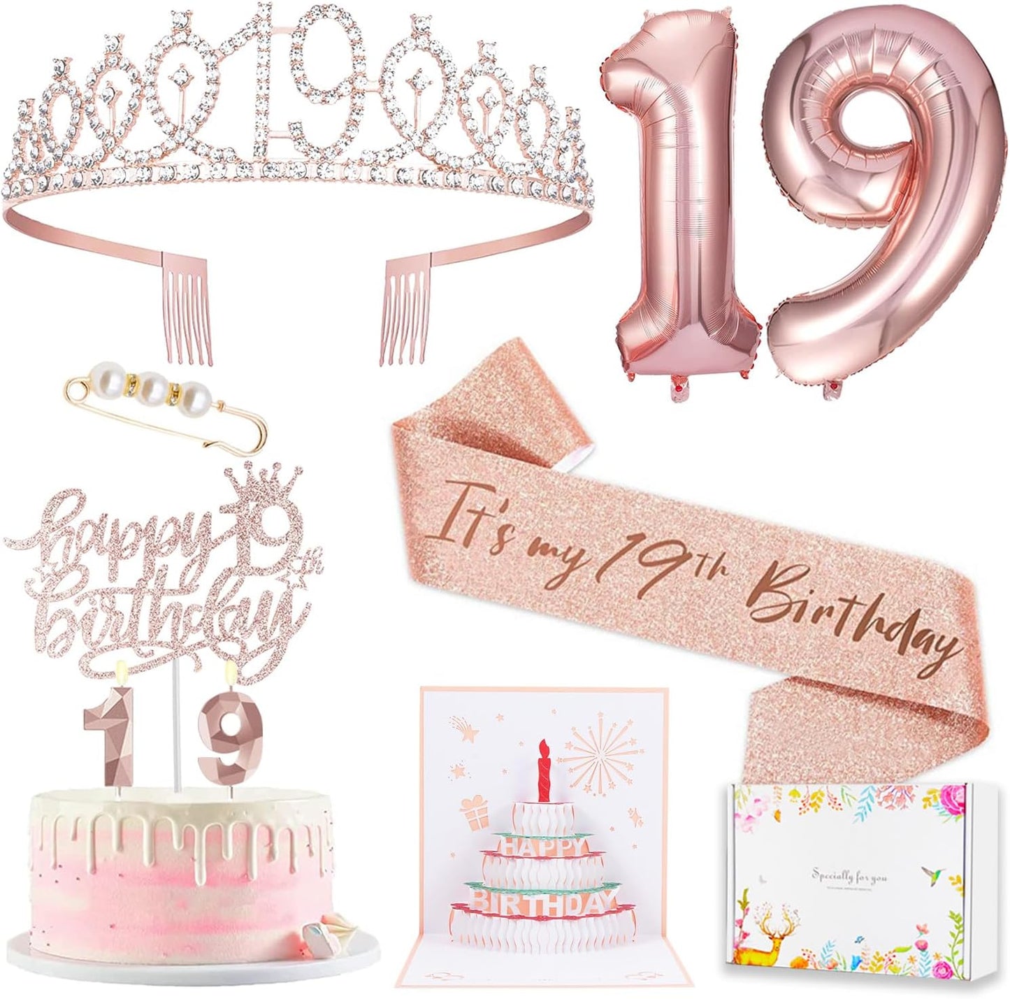 8pcs 40th Birthday Decorations gifts for Women, Including 40th Happy Birthday Cake Topper, Queen Sash with Pearl Pin, Sweet Rhinestone Tiara Crown for Women, Number Candles and Balloons (Rose Gold)