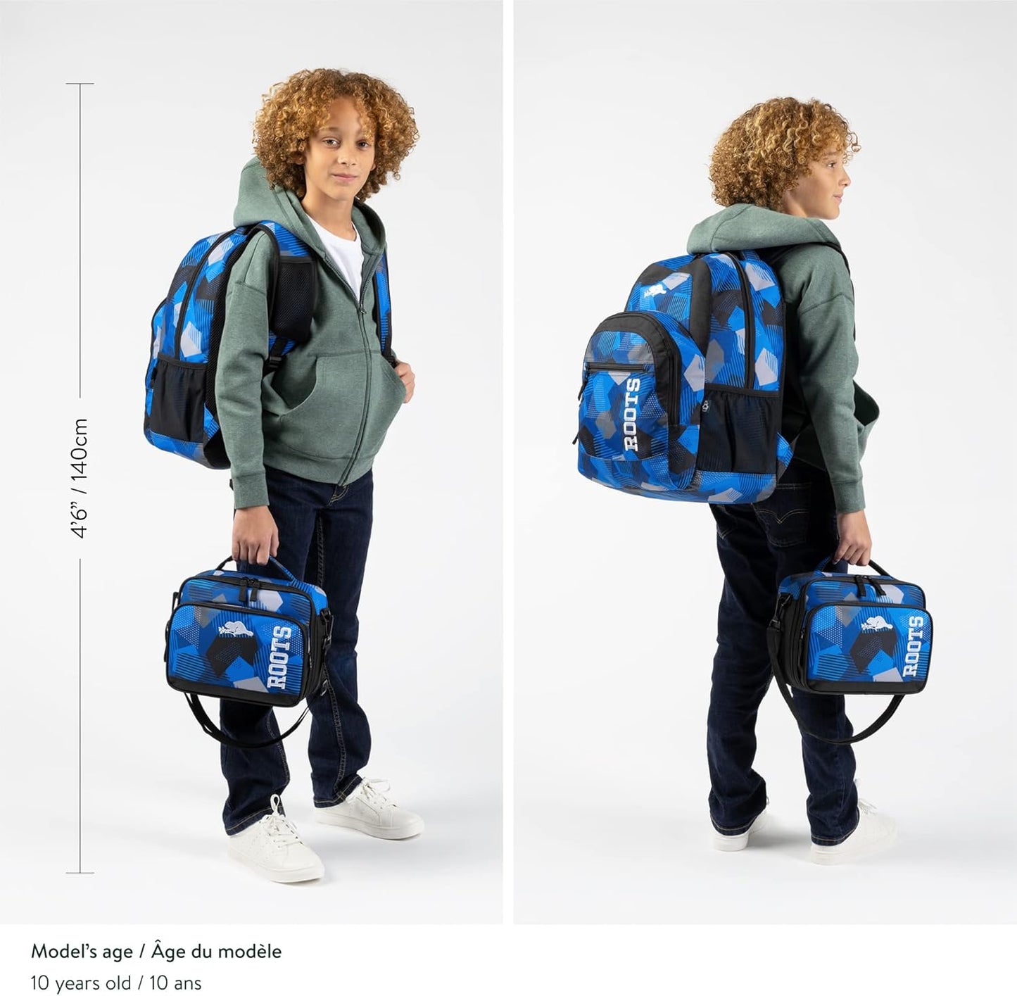 Roots Athletic 3-in-1 Matching Water Resistant Teen Backpack and Lunch Bag Set with Bonus Pencil Case - Made from 100% Recycled Fabrics - 34 litres, Blue Black Navy Camo, XL