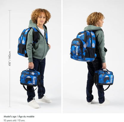 Roots Athletic 3-in-1 Matching Water Resistant Teen Backpack and Lunch Bag Set with Bonus Pencil Case - Made from 100% Recycled Fabrics - 34 litres, Blue Black Navy Camo, XL
