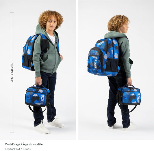 Roots Athletic 3-in-1 Matching Water Resistant Teen Backpack and Lunch Bag Set with Bonus Pencil Case - Made from 100% Recycled Fabrics - 34 litres, Blue Black Navy Camo, XL - PuriLite