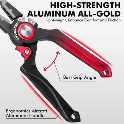 TRUSCEND Lockable Handy Fishing Pliers with Innovative Ergonomic Handle, Saltwater Corrosion Resistant Teflon Coated Fishing Tool, Multi-Function Fishing Gear with Mo-V Cutter, Amazing Fishing Gift