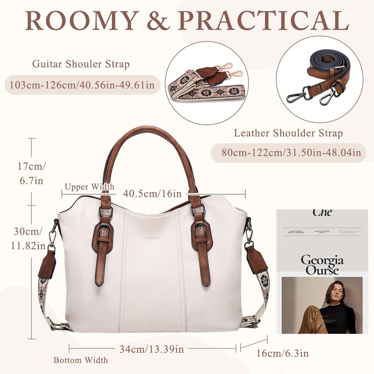 Hobo Bags for Women,VASCHY Vegan Leather Handbag Purse Top Handle Satchel Boho Shoulder Bag with Crossbody Guitar Strap