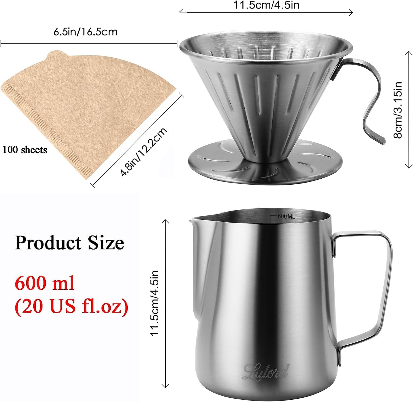 Lalord Pour Over Coffee Maker Set, 304 Stainless Steel wIth 100 pcs 02 Paper Filters & 600ml Milk Frothing Pitcher, for Home & Camping
