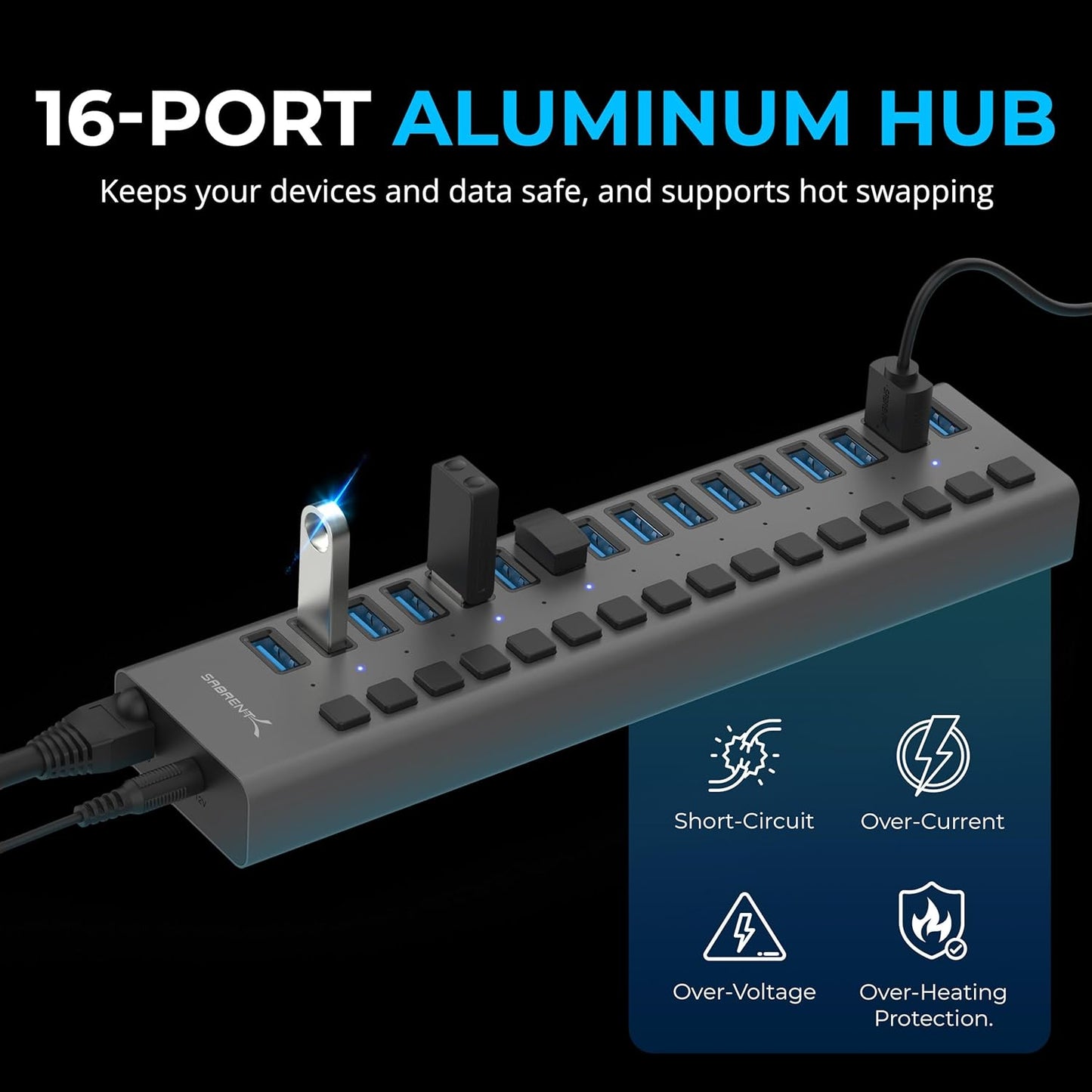 SABRENT16 Port USB hub 3.2 x1 and Charger 90W, with Power Adapter, Fast Powered Data hub, Multiple USB Charging, USB Docking Station, multiport hubs, LEDs on/Off Switch, Mount Bracket Included