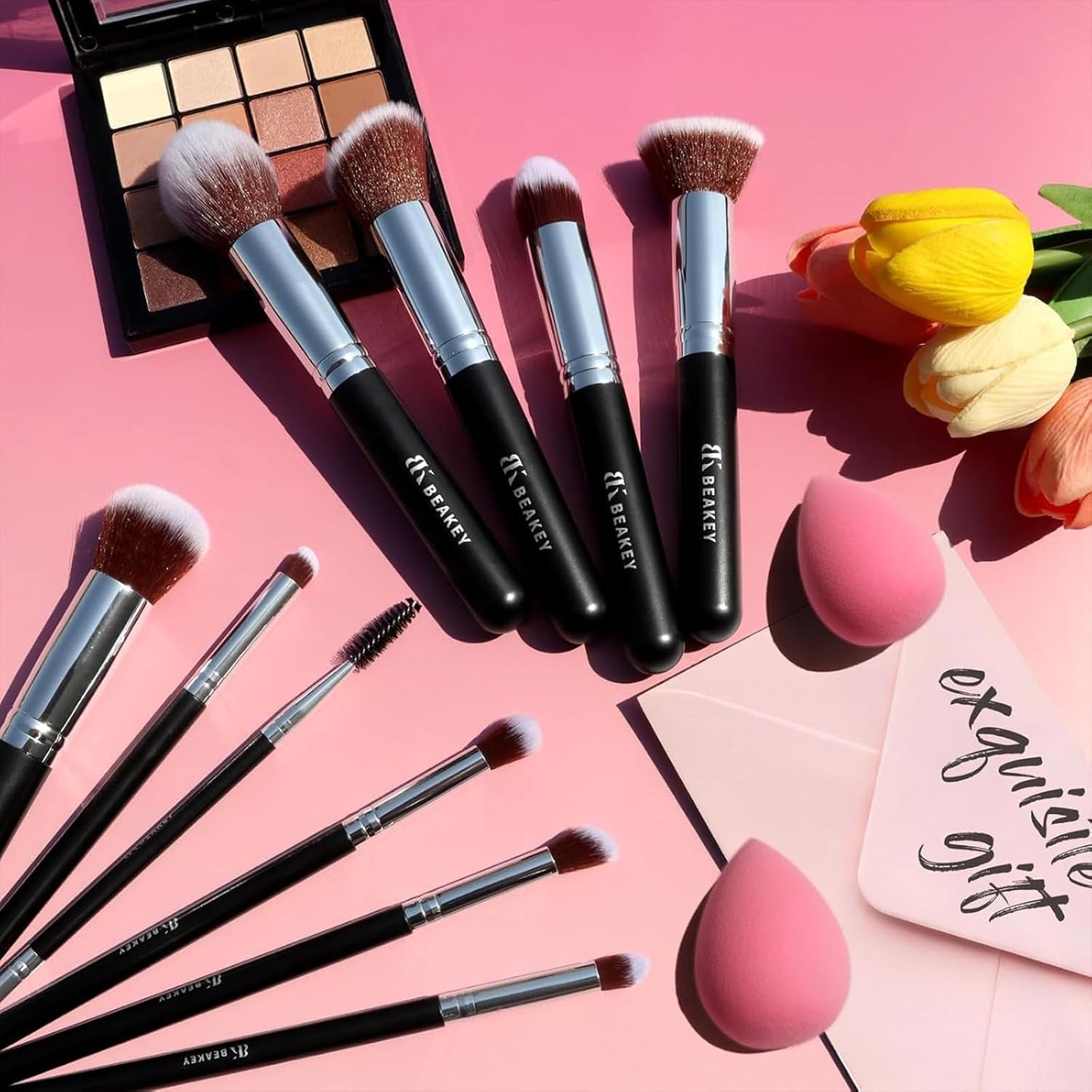 BEAKEY Makeup Brush Set Professional for Eye and Face, Foundation Blending, Eyeshadow, Concealer, Eye Shadow with 2 Blender Sponge, Paper Case, Gifts for Women