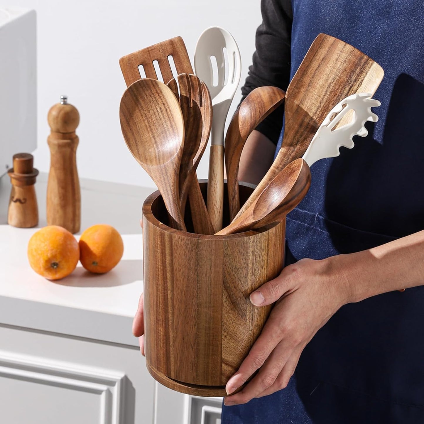 Wooden Utensil Holder | Rotating Utensil Organizer | Kitchen Counter Storage Crock | Farmhouse Countertop Decor | Cooking Utensil Stand - PuriLite
