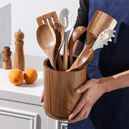 Wooden Utensil Holder | Rotating Utensil Organizer | Kitchen Counter Storage Crock | Farmhouse Countertop Decor | Cooking Utensil Stand - PuriLite