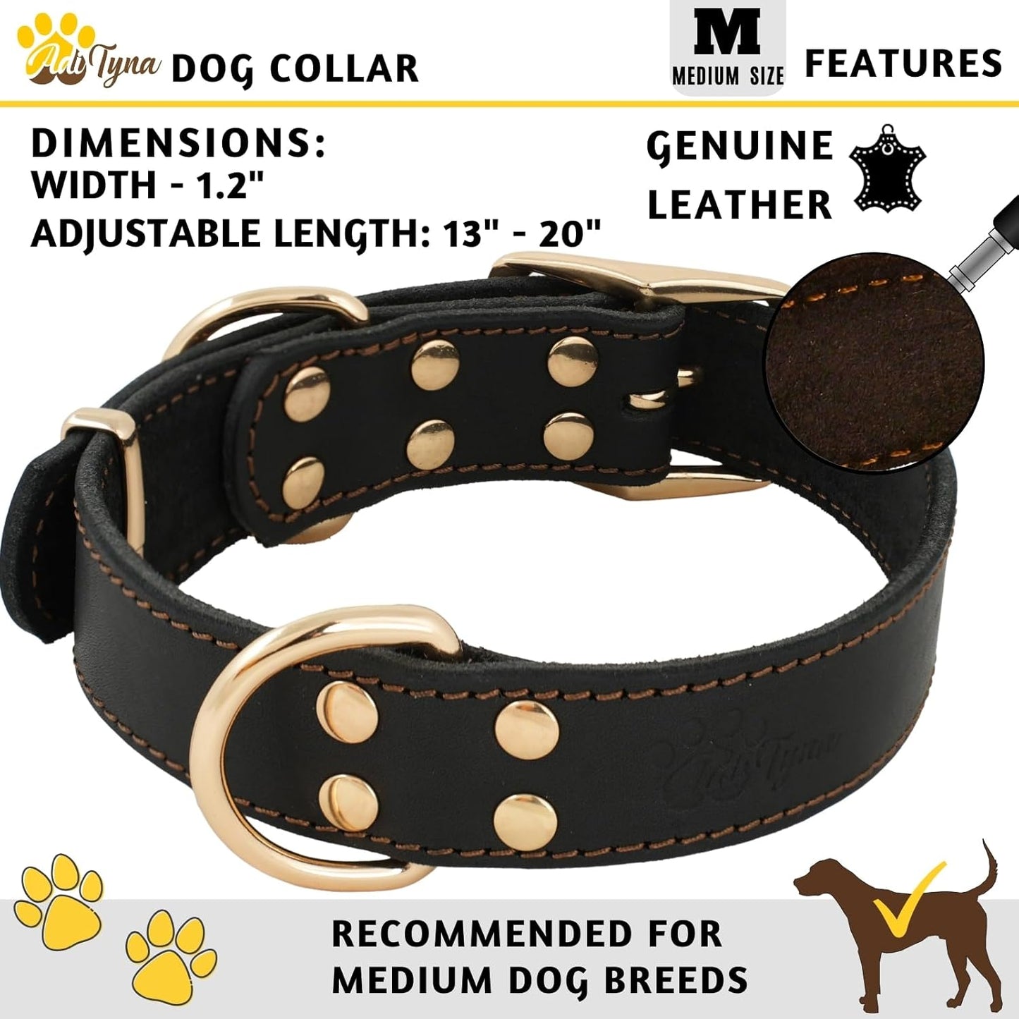 ADITYNA Heavy-Duty Leather Dog Collar for Medium Dogs - Soft and Strong, 100% Genuine Leather - Collier Pour Chien (Medium: Fit 13" - 20" Neck, Brown)