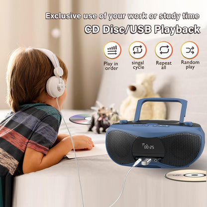 LONPOO Portable CD Player | Stereo Bluetooth Boombox | FM Radio Turn Knob | Auto Lid Open Button | Big LCD Display | Concealed Ports of USB/AUX/Earphone | Rear Power Protection Button (LP-D12)