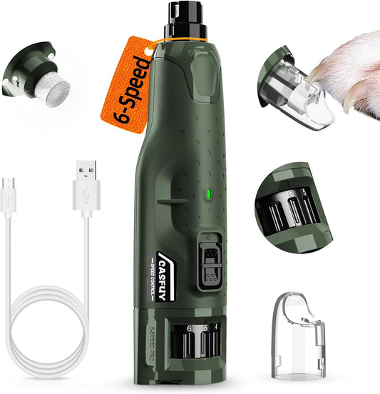 Casfuy Dog Nail Grinder Quiet - (45db) 6-Speed Pet Nail Grinder with 2 LED Lights for Large Medium Small Puppy Dogs/Cats, Professional 3 Ports Rechargeable Electric Dog Nail Trimmer with Dust Cap(AG)
