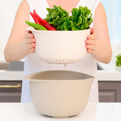 Blue Ginkgo Rice Washing Bowl and Colander Kitchen Set - Strain Rice, Quinoa and Small Grains - Soak, Wash and Drain Produce (4 Quart) - Cream and Limestone
