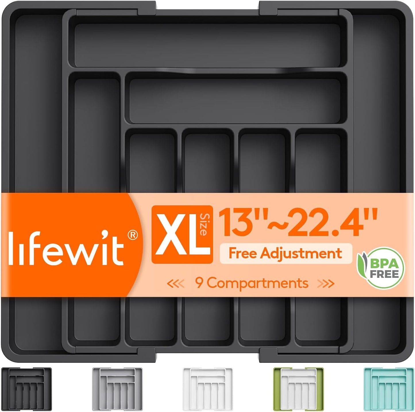 Lifewit Cutlery Organizer, Expandable Utensil Organizer for Kitchen, Utensil Holder, Adjustable Cutlery Rack Organizer for Spoons, Knives, Kitchen Organizers and Storage, Black