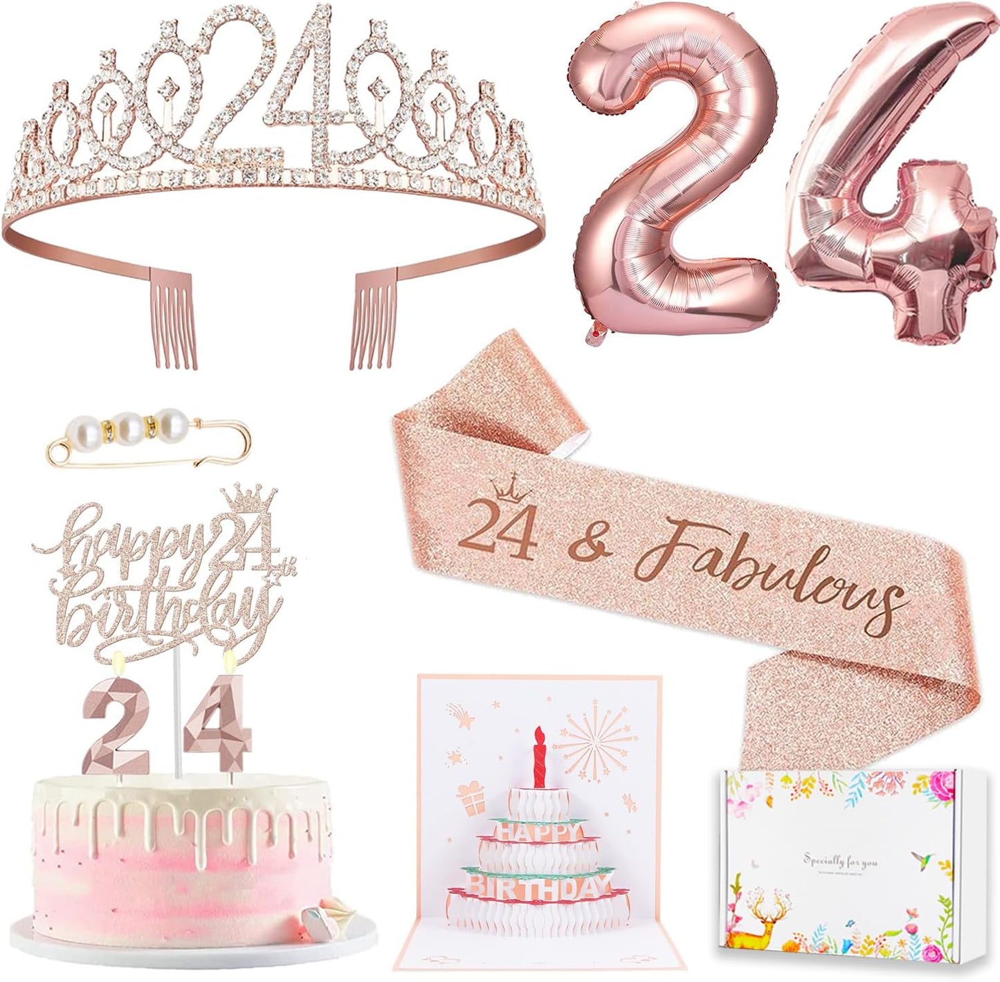 8pcs 40th Birthday Decorations gifts for Women, Including 40th Happy Birthday Cake Topper, Queen Sash with Pearl Pin, Sweet Rhinestone Tiara Crown for Women, Number Candles and Balloons (Rose Gold)
