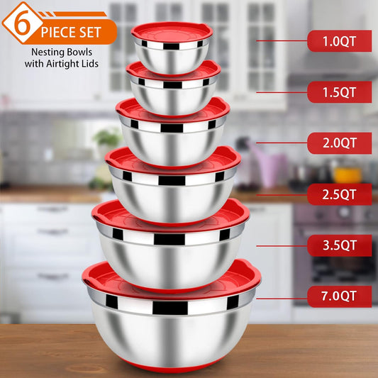 LIANYU Mixing Bowls Set of 6 with Airtight Lids, Size 7, 3.5, 2.5, 2, 1.5, 1QT Large Metal Stainless Steel Nesting Bowls for Cooking, Baking, Food Storage, Non-slip Bottom, Red - PuriLite