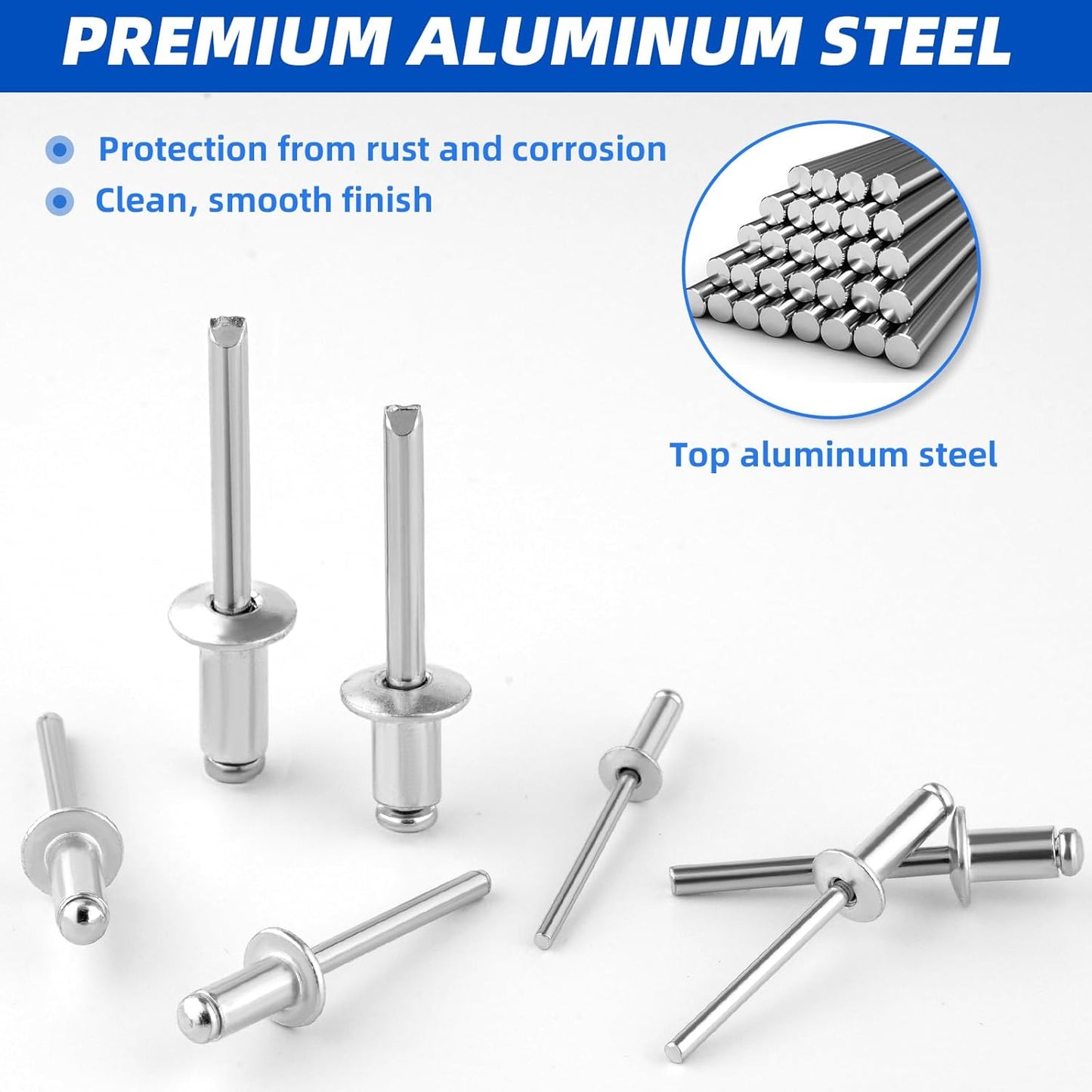 Besitu 210Pcs Pop Rivets Assortment Kit, 1/8" 3/16" 1/4" Large Flange Solid Rivets Set Aluminum Grip Stainless Steel Mandrel Blind Rivets for Metal Heavy Duty
